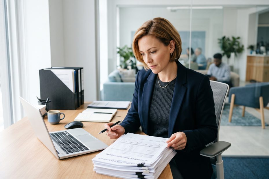 A facilities manager at an office desk reviewing a stack of printed supplier qualification forms and contractor documents.