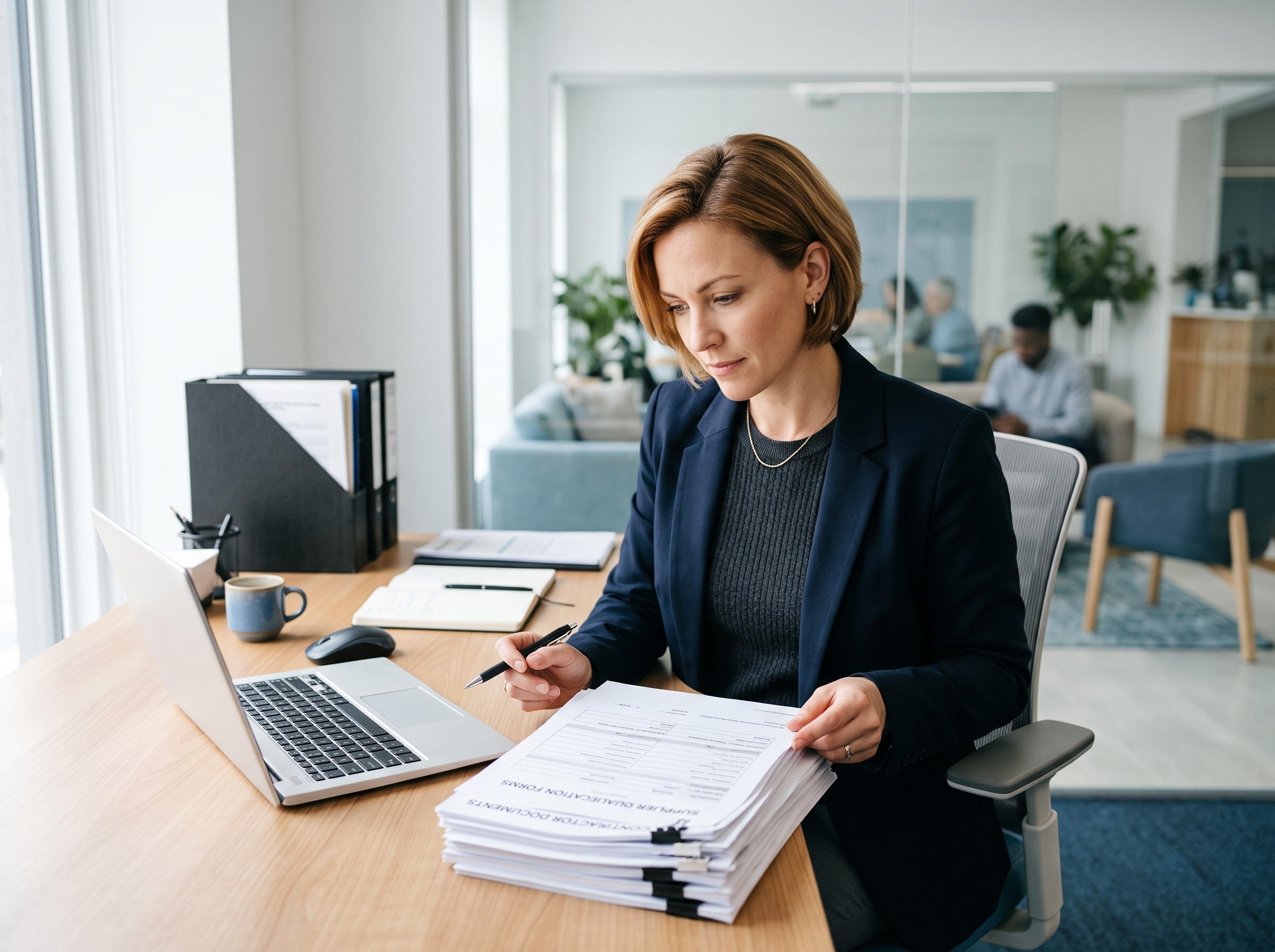 A facilities manager at an office desk reviewing a stack of printed supplier qualification forms and contractor documents.
