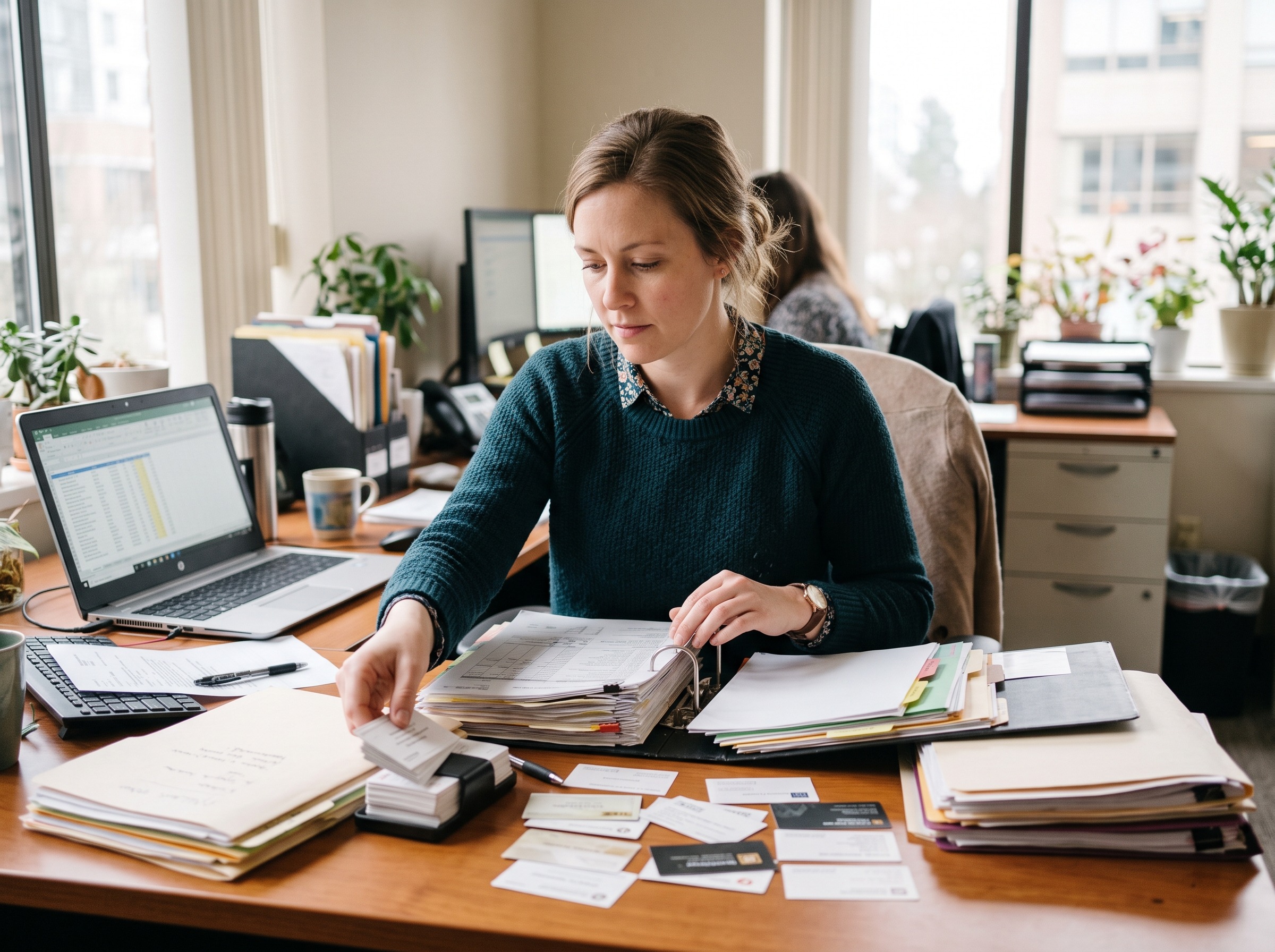 Vendor consolidation: a purchasing coordinator sorting supplier folders and contractor business cards to trim a bloated vendor list