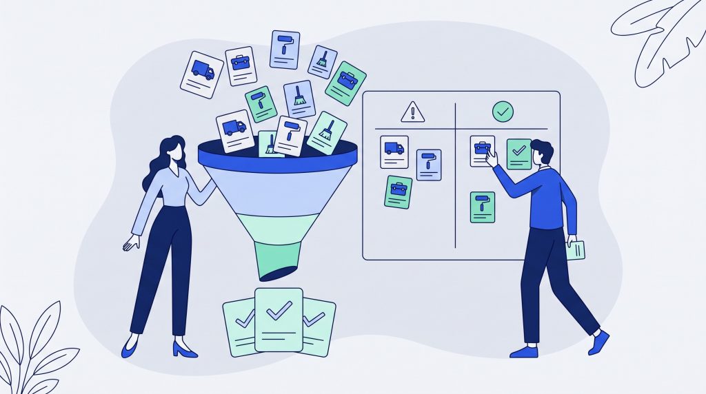 Vendor consolidation process: funnelling a long vendor list into a few preferred vendors sorted by category and risk