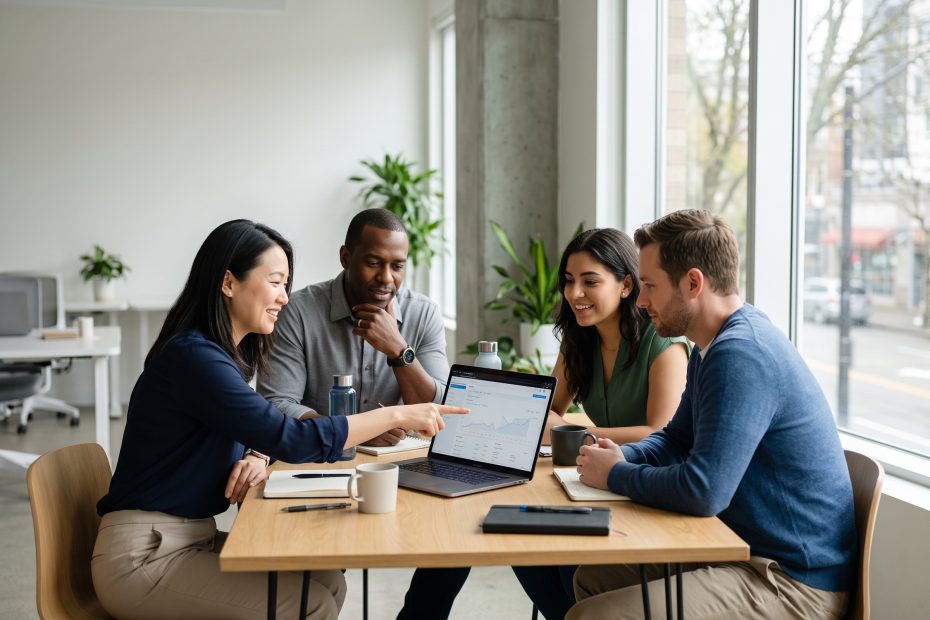 A small business team of four gathered around a laptop at a shared table in a bright modern office.
