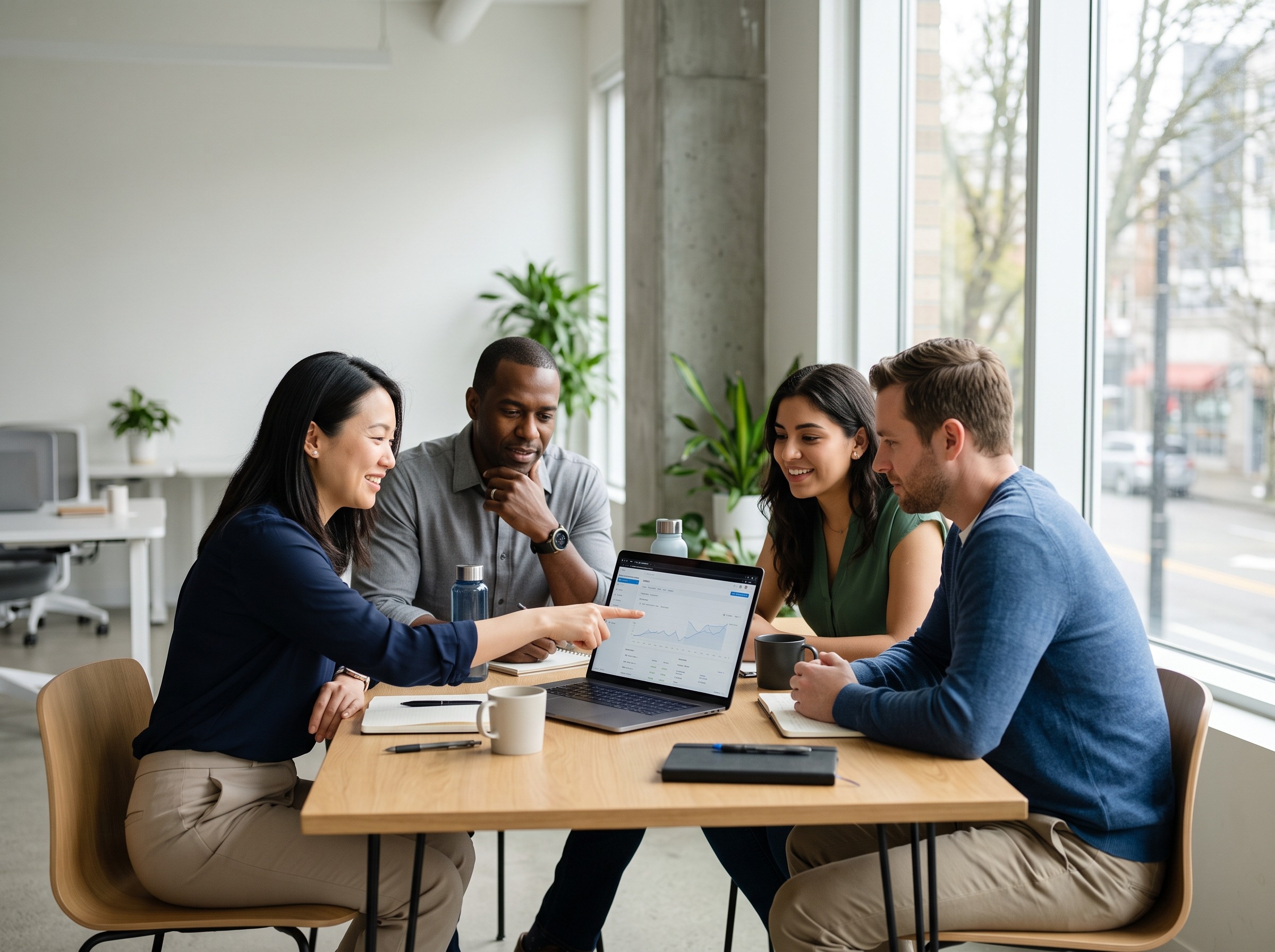 A small business team of four gathered around a laptop at a shared table in a bright modern office.