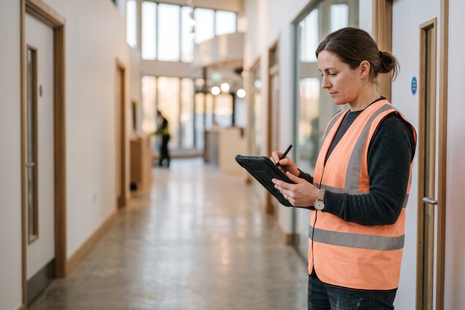 A facilities manager in a high-visibility vest making notes on a tablet in a building corridor at the end of a job.