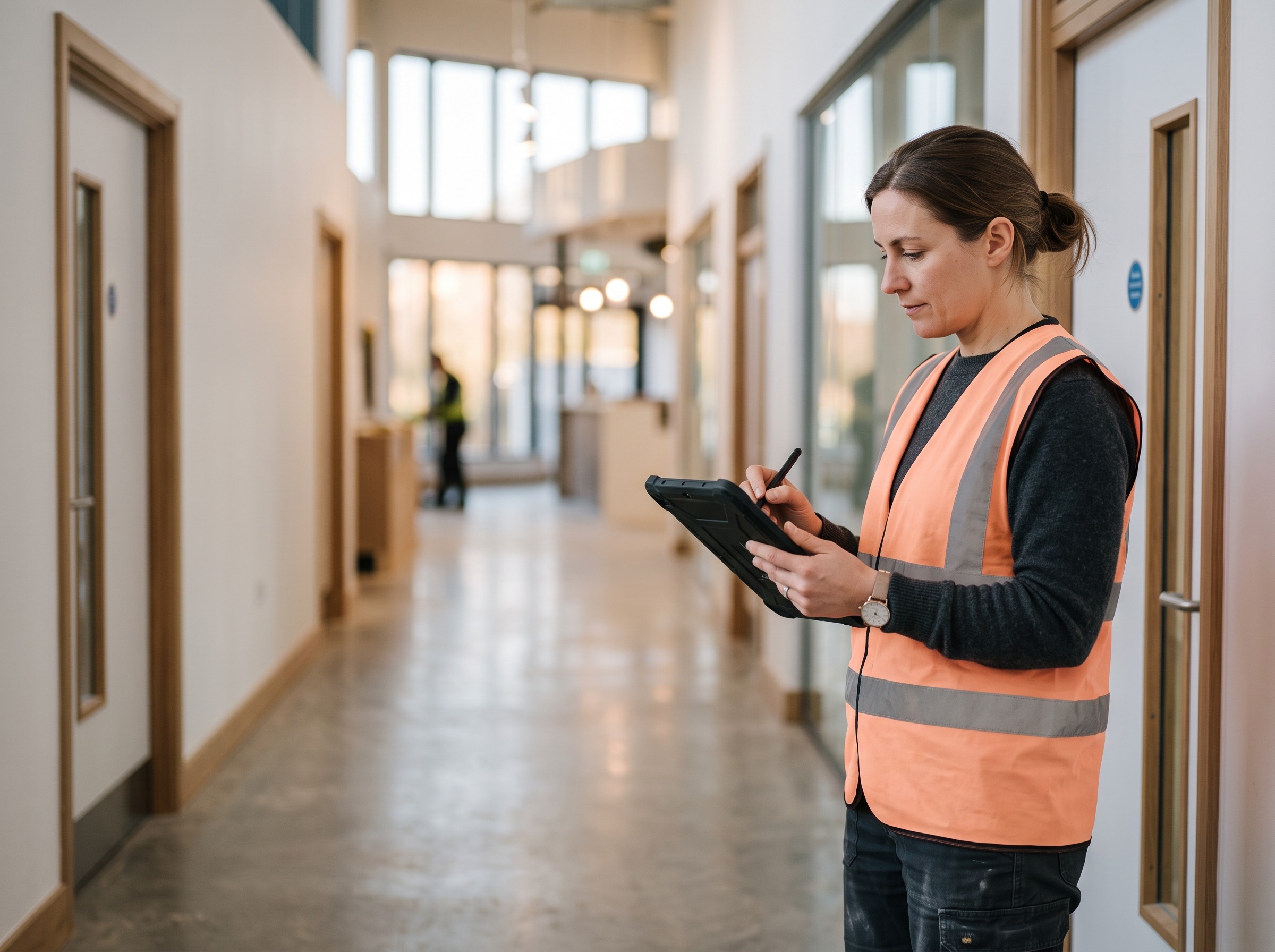 A facilities manager in a high-visibility vest making notes on a tablet in a building corridor at the end of a job.