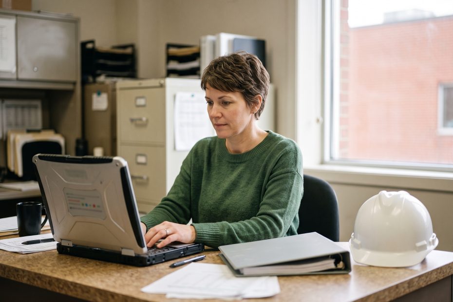 Supplier management software in use: a facility purchasing manager reviewing a shared vendor list on a laptop in a building maintenance office