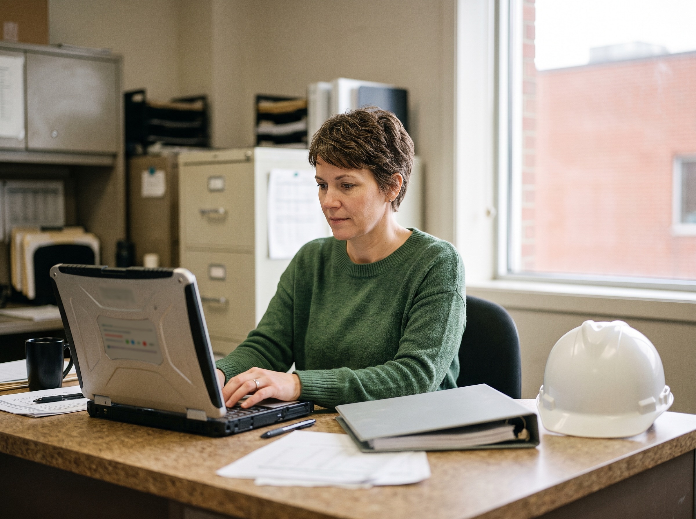 Supplier management software in use: a facility purchasing manager reviewing a shared vendor list on a laptop in a building maintenance office