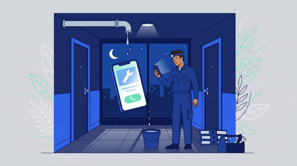 Supplier management software for emergencies: a property maintenance technician looking up the preferred plumber on a phone during a night-time leak